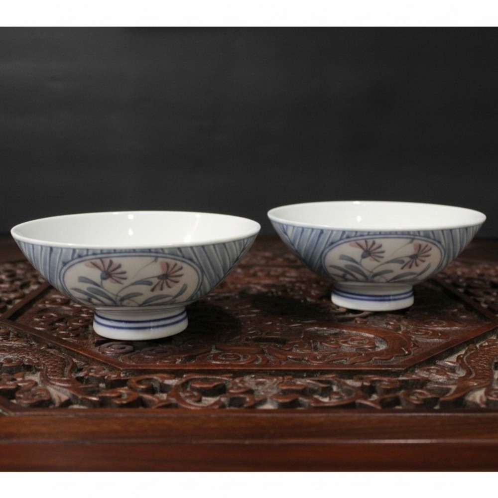 Pier 1 Imports Floral Porcelain Rice Bowls, Set of 2, Vintage Footed Asian-Style